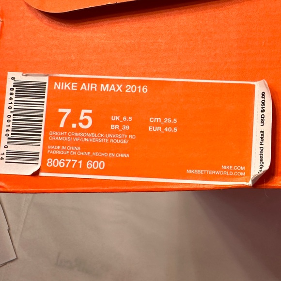 MEN’S NIKE AIR MAX 2016 in a BRIGHT CRIMSON /BLCK-UNVRSTY RD Size 7.5 - Picture 9 of 11